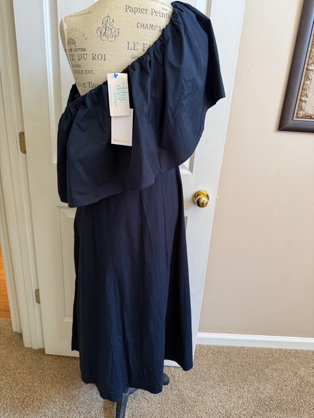 🌸 Sugarlips: One-Shoulder Navy Dress with Ruffle Overlay - Picture 3 of 8